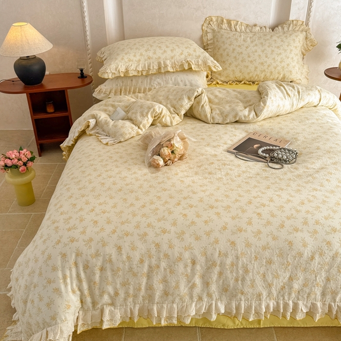 91家纺网 家纺一手货源 找家纺 简宜家居（朝初家纺） 2025新款40s全棉纯棉双层纱撞色蕾丝花边四件套 黄玫暖居