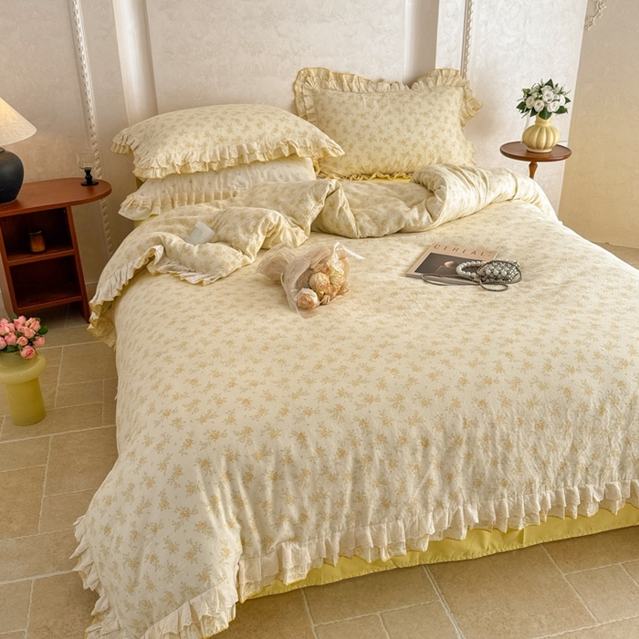 91家纺网 家纺一手货源 找家纺 简宜家居（朝初家纺） 2025新款40s全棉纯棉双层纱撞色蕾丝花边四件套 黄玫暖居