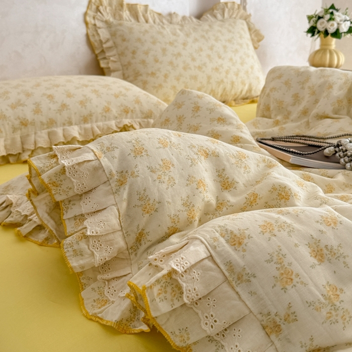 91家纺网 家纺一手货源 找家纺 简宜家居（朝初家纺） 2025新款40s全棉纯棉双层纱撞色蕾丝花边四件套 黄玫暖居