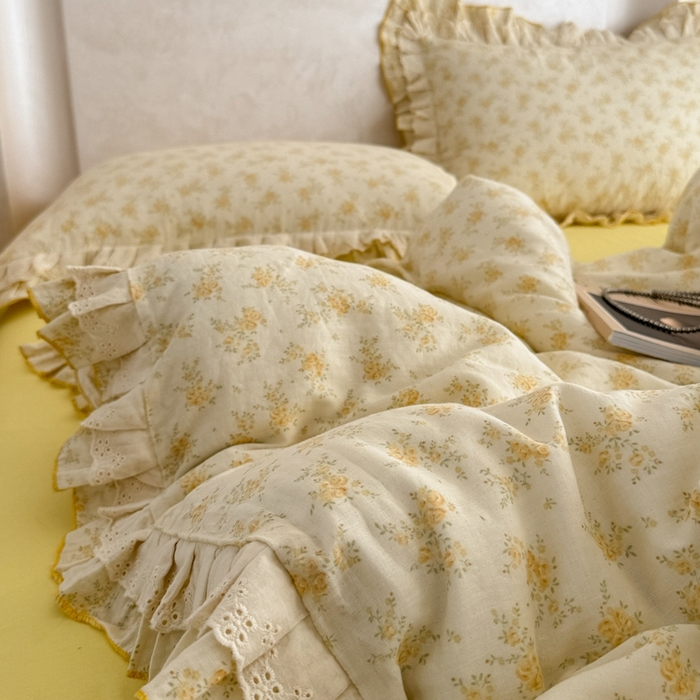 91家纺网 家纺一手货源 找家纺 简宜家居（朝初家纺） 2025新款40s全棉纯棉双层纱撞色蕾丝花边四件套 黄玫暖居
