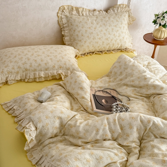 91家纺网 家纺一手货源 找家纺 简宜家居（朝初家纺） 2025新款40s全棉纯棉双层纱撞色蕾丝花边四件套 黄玫暖居