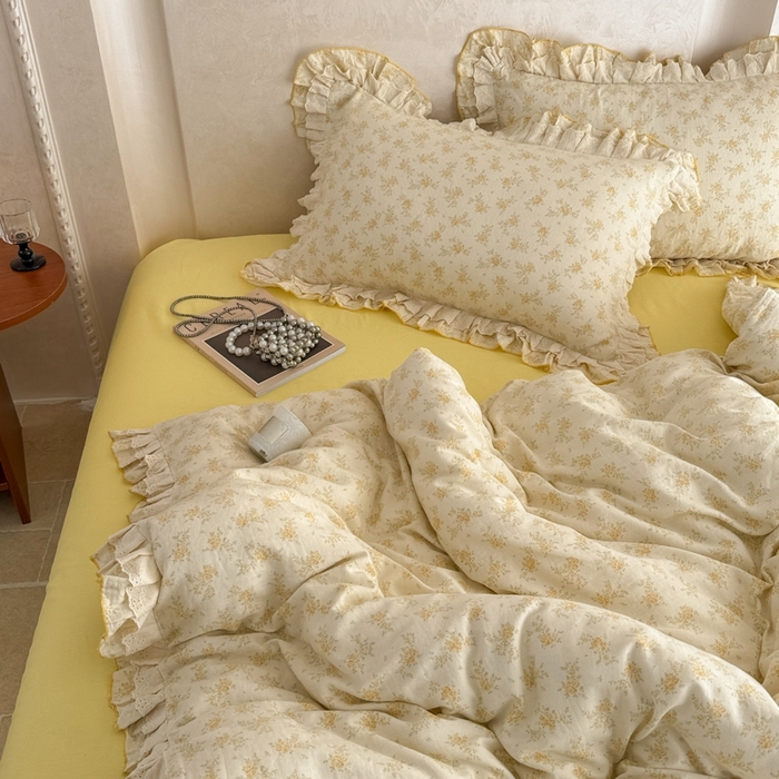 91家纺网 家纺一手货源 找家纺 简宜家居（朝初家纺） 2025新款40s全棉纯棉双层纱撞色蕾丝花边四件套 黄玫暖居
