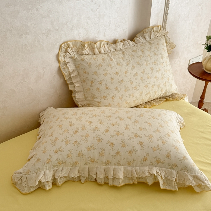 91家纺网 家纺一手货源 找家纺 简宜家居（朝初家纺） 2025新款40s全棉纯棉双层纱撞色蕾丝花边四件套 黄玫暖居