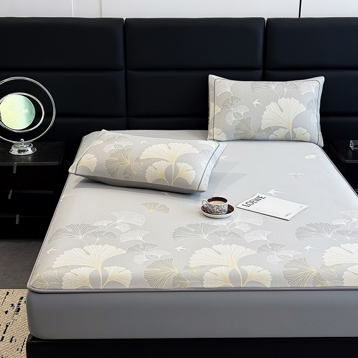 91家纺网 家纺一手货源 找家纺 全季家居 2025新款5A乙纶全PE花卉轻奢提花凉感软凉席席子 漫香银杏 床笠