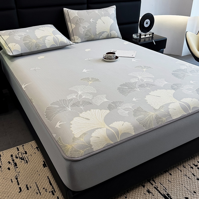 91家纺网 家纺一手货源 找家纺 全季家居 2025新款5A乙纶全PE花卉轻奢提花凉感软凉席席子 漫香银杏 床笠