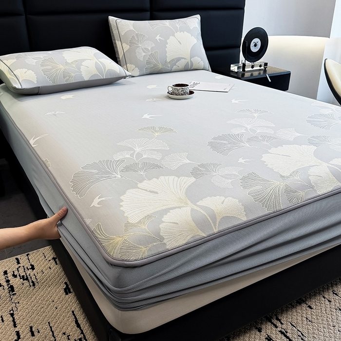 91家纺网 家纺一手货源 找家纺 全季家居 2025新款5A乙纶全PE花卉轻奢提花凉感软凉席席子 漫香银杏 床笠