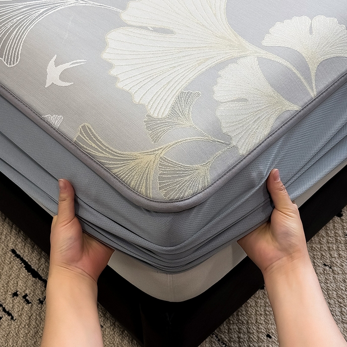 91家纺网 家纺一手货源 找家纺 全季家居 2025新款5A乙纶全PE花卉轻奢提花凉感软凉席席子 漫香银杏 床笠