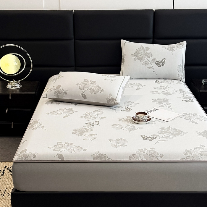 91家纺网 家纺一手货源 找家纺 全季家居 2025新款5A乙纶全PE花卉轻奢提花凉感软凉席席子 玫瑰蝶影 床笠