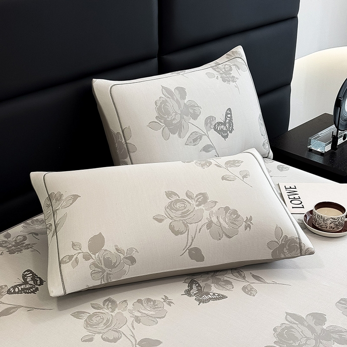 91家纺网 家纺一手货源 找家纺 全季家居 2025新款5A乙纶全PE花卉轻奢提花凉感软凉席席子 玫瑰蝶影 床笠