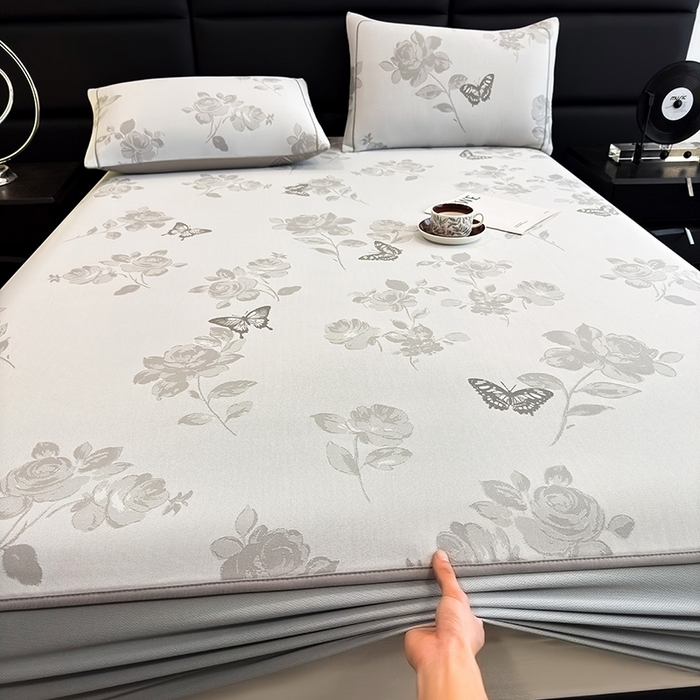 91家纺网 家纺一手货源 找家纺 全季家居 2025新款5A乙纶全PE花卉轻奢提花凉感软凉席席子 玫瑰蝶影 床笠