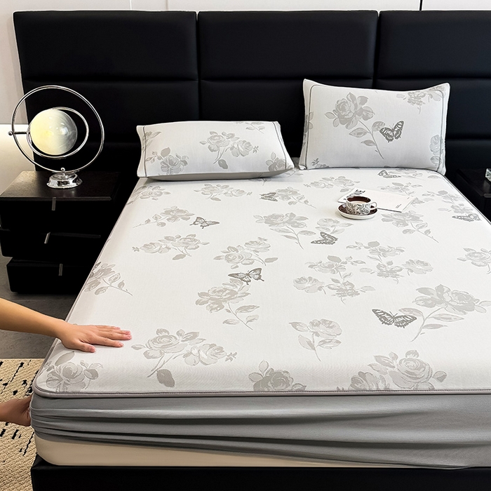 91家纺网 家纺一手货源 找家纺 全季家居 2025新款5A乙纶全PE花卉轻奢提花凉感软凉席席子 玫瑰蝶影 床笠