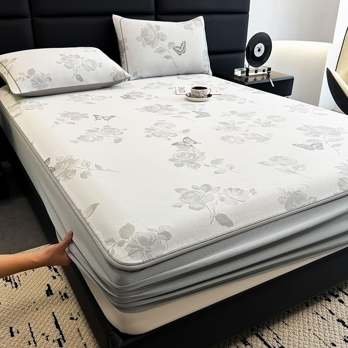 91家纺网 家纺一手货源 找家纺 全季家居 2025新款5A乙纶全PE花卉轻奢提花凉感软凉席席子 玫瑰蝶影 床笠