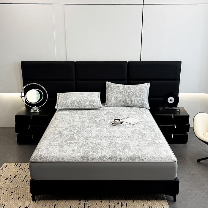 91家纺网 家纺一手货源 找家纺 全季家居 2025新款5A乙纶全PE花卉轻奢提花凉感软凉席席子 莫奈-浅灰 床笠