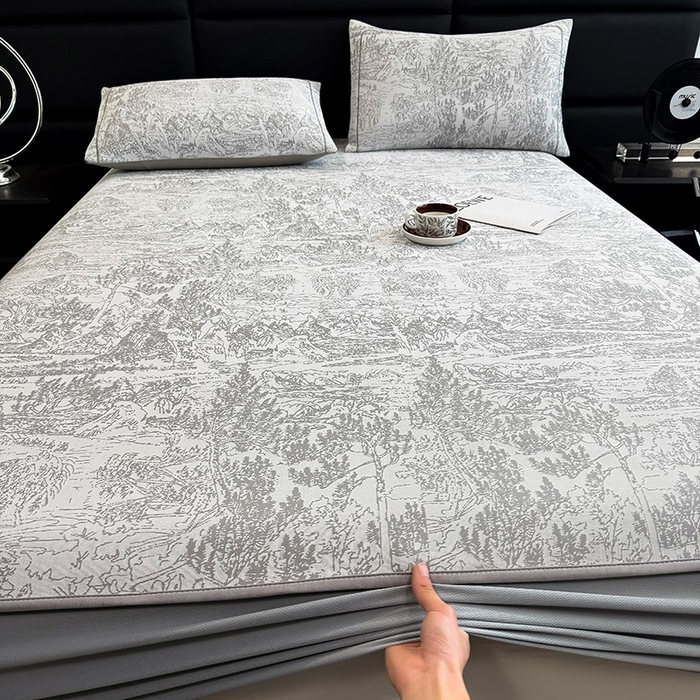 91家纺网 家纺一手货源 找家纺 全季家居 2025新款5A乙纶全PE花卉轻奢提花凉感软凉席席子 莫奈-浅灰 床笠