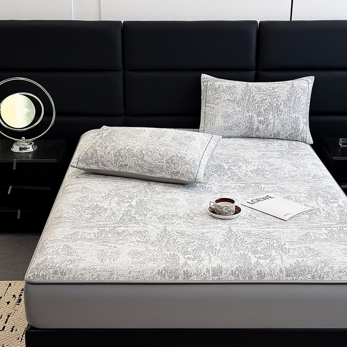 91家纺网 家纺一手货源 找家纺 全季家居 2025新款5A乙纶全PE花卉轻奢提花凉感软凉席席子 莫奈-浅灰 床笠