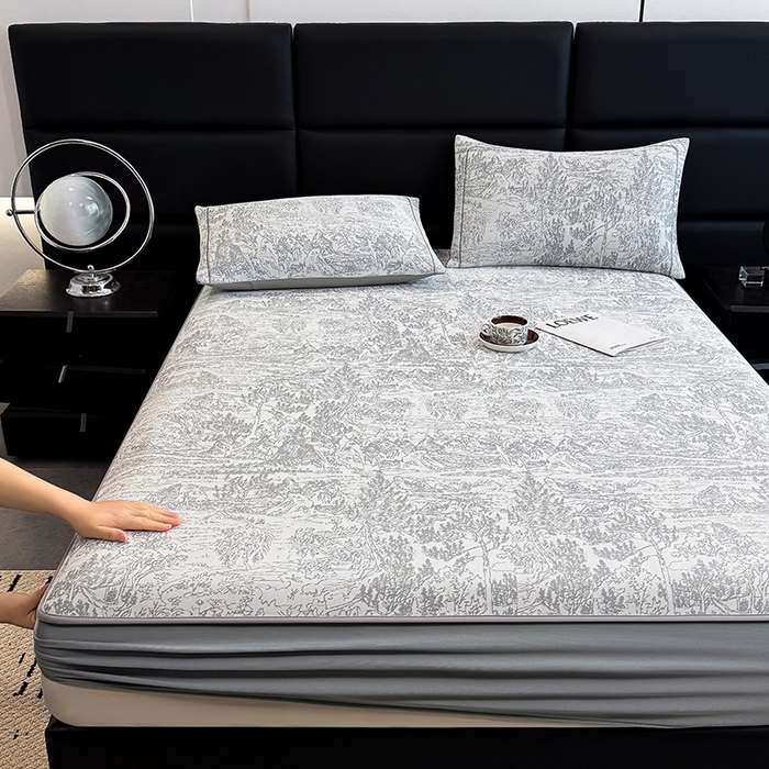 91家纺网 家纺一手货源 找家纺 全季家居 2025新款5A乙纶全PE花卉轻奢提花凉感软凉席席子 莫奈-浅灰 床笠