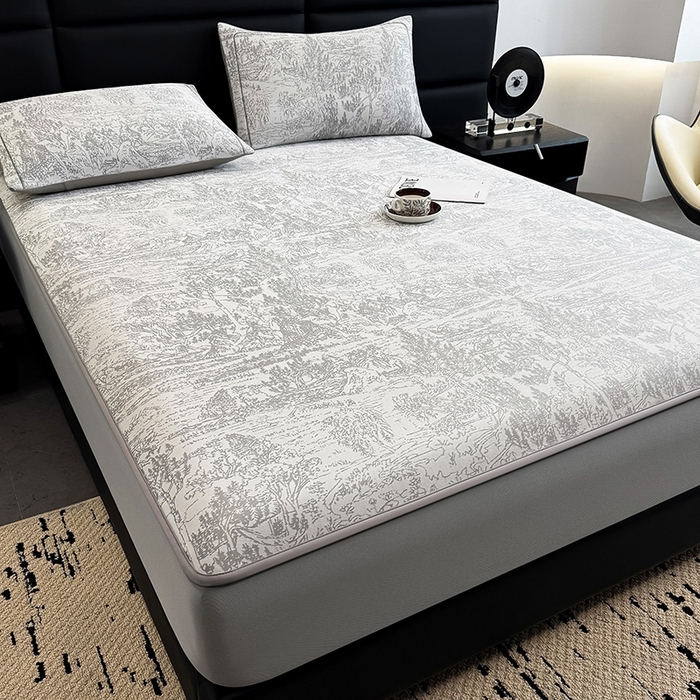 91家纺网 家纺一手货源 找家纺 全季家居 2025新款5A乙纶全PE花卉轻奢提花凉感软凉席席子 莫奈-浅灰 床笠
