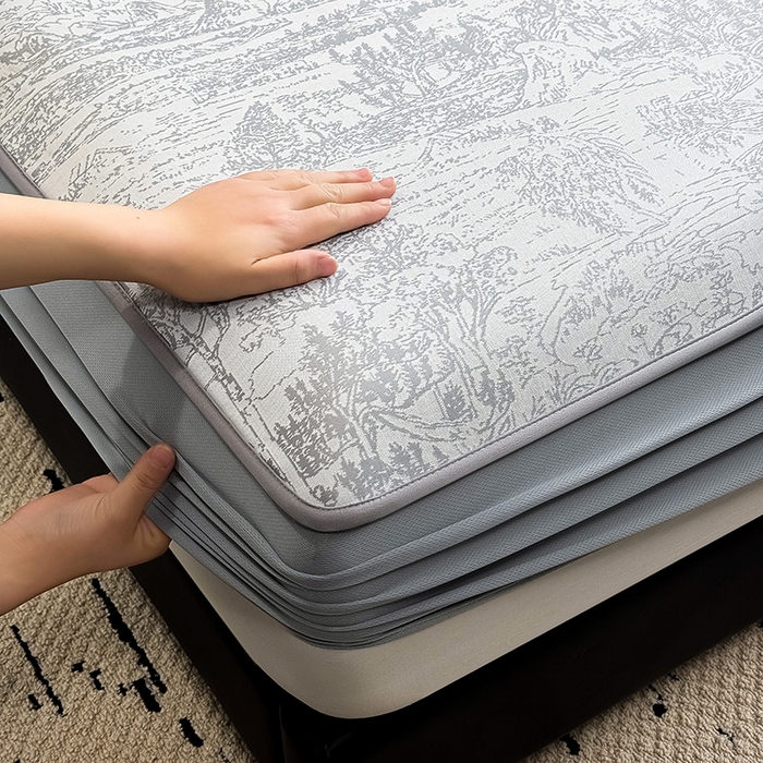 91家纺网 家纺一手货源 找家纺 全季家居 2025新款5A乙纶全PE花卉轻奢提花凉感软凉席席子 莫奈-浅灰 床笠