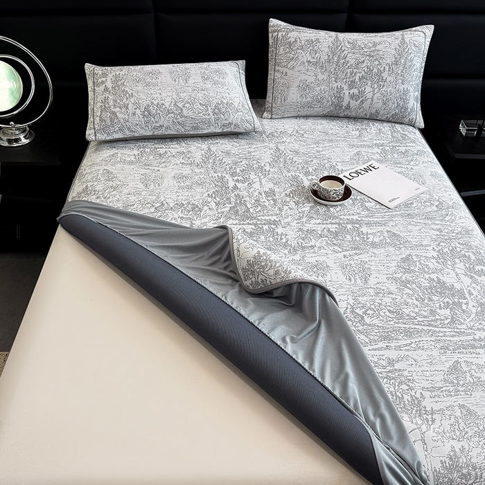 91家纺网 家纺一手货源 找家纺 全季家居 2025新款5A乙纶全PE花卉轻奢提花凉感软凉席席子 莫奈-浅灰 床笠