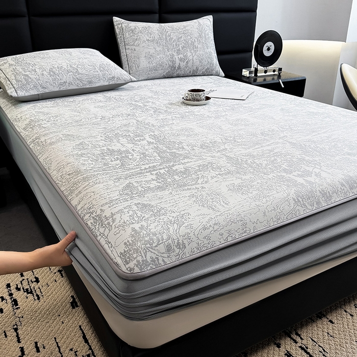 91家纺网 家纺一手货源 找家纺 全季家居 2025新款5A乙纶全PE花卉轻奢提花凉感软凉席席子 莫奈-浅灰 床笠