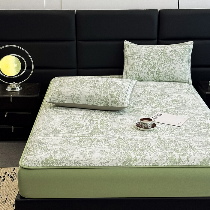 91家纺网 家纺一手货源 找家纺 全季家居 2025新款5A乙纶全PE花卉轻奢提花凉感软凉席席子 莫奈-浅绿 床笠