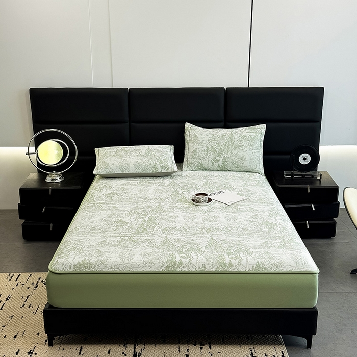 91家纺网 家纺一手货源 找家纺 全季家居 2025新款5A乙纶全PE花卉轻奢提花凉感软凉席席子 莫奈-浅绿 床笠