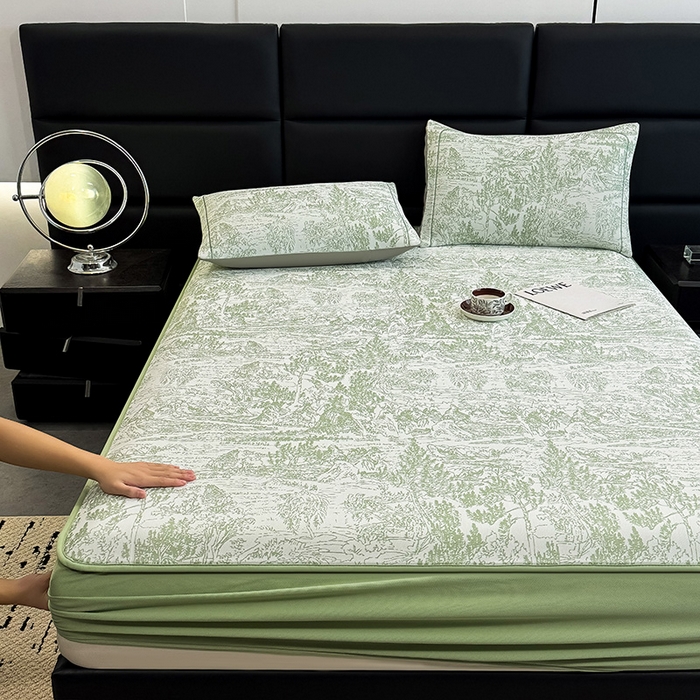 91家纺网 家纺一手货源 找家纺 全季家居 2025新款5A乙纶全PE花卉轻奢提花凉感软凉席席子 莫奈-浅绿 床笠