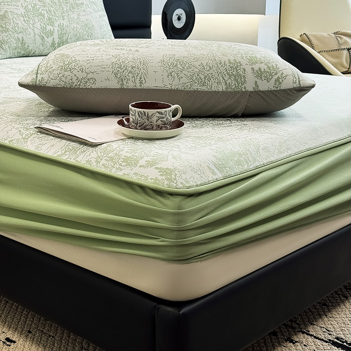 91家纺网 家纺一手货源 找家纺 全季家居 2025新款5A乙纶全PE花卉轻奢提花凉感软凉席席子 莫奈-浅绿 床笠