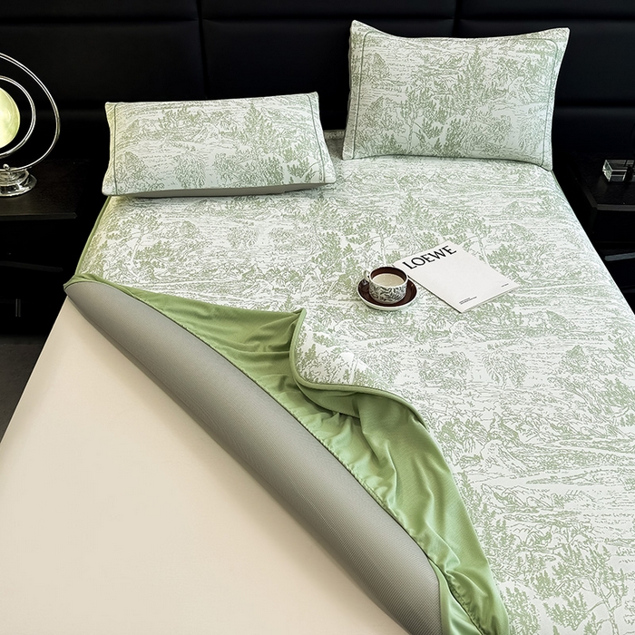 91家纺网 家纺一手货源 找家纺 全季家居 2025新款5A乙纶全PE花卉轻奢提花凉感软凉席席子 莫奈-浅绿 床笠