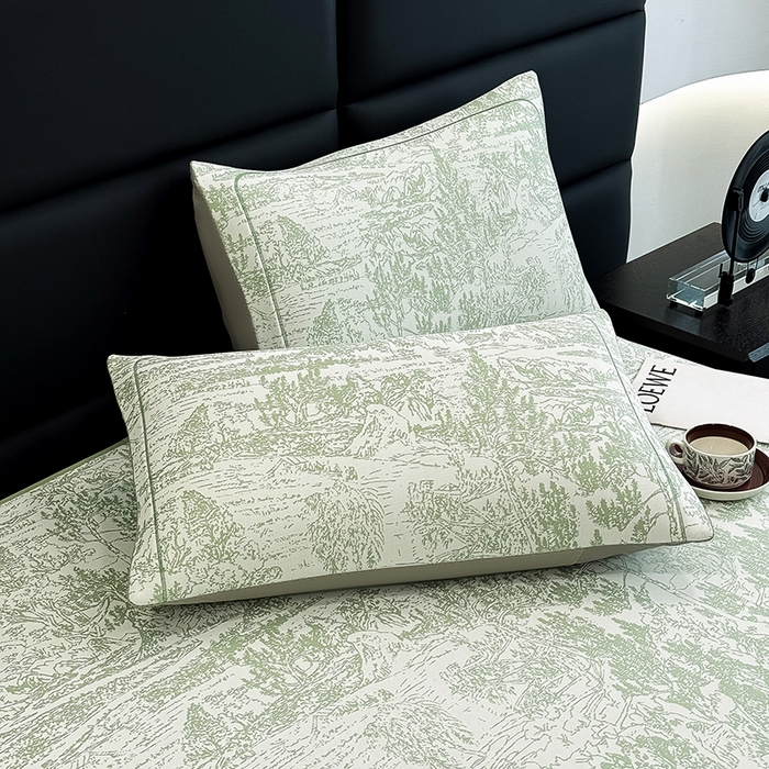 91家纺网 家纺一手货源 找家纺 全季家居 2025新款5A乙纶全PE花卉轻奢提花凉感软凉席席子 莫奈-浅绿 床笠