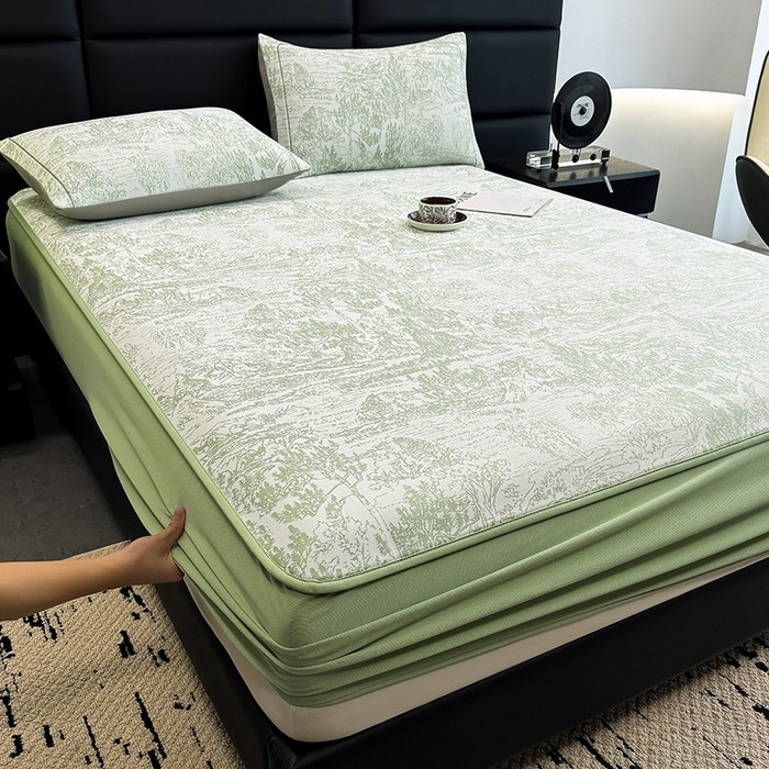 91家纺网 家纺一手货源 找家纺 全季家居 2025新款5A乙纶全PE花卉轻奢提花凉感软凉席席子 莫奈-浅绿 床笠