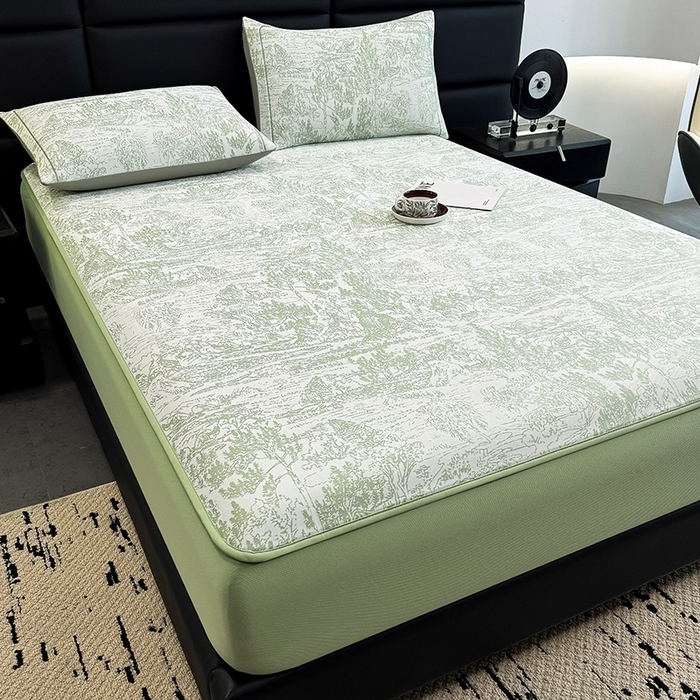 91家纺网 家纺一手货源 找家纺 全季家居 2025新款5A乙纶全PE花卉轻奢提花凉感软凉席席子 莫奈-浅绿 床笠