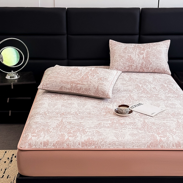 91家纺网 家纺一手货源 找家纺 全季家居 2025新款5A乙纶全PE花卉轻奢提花凉感软凉席席子 莫奈-淡粉 床笠