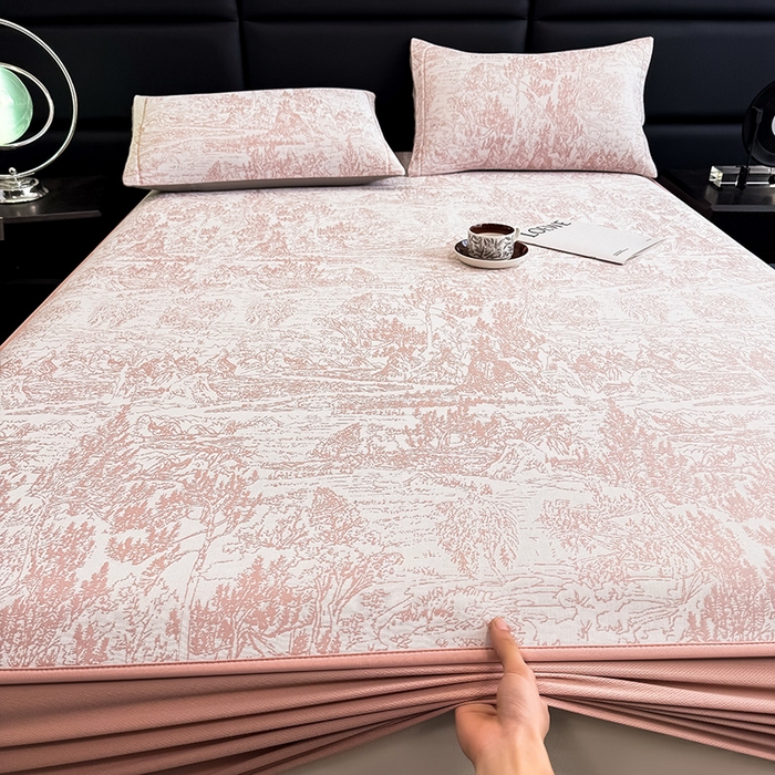 91家纺网 家纺一手货源 找家纺 全季家居 2025新款5A乙纶全PE花卉轻奢提花凉感软凉席席子 莫奈-淡粉 床笠