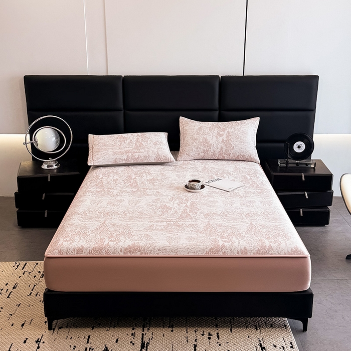 91家纺网 家纺一手货源 找家纺 全季家居 2025新款5A乙纶全PE花卉轻奢提花凉感软凉席席子 莫奈-淡粉 床笠