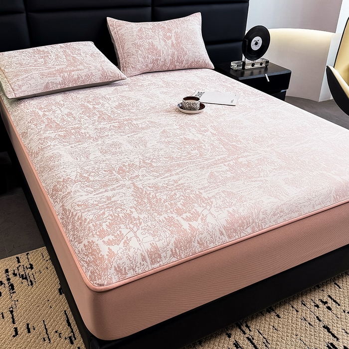 91家纺网 家纺一手货源 找家纺 全季家居 2025新款5A乙纶全PE花卉轻奢提花凉感软凉席席子 莫奈-淡粉 床笠