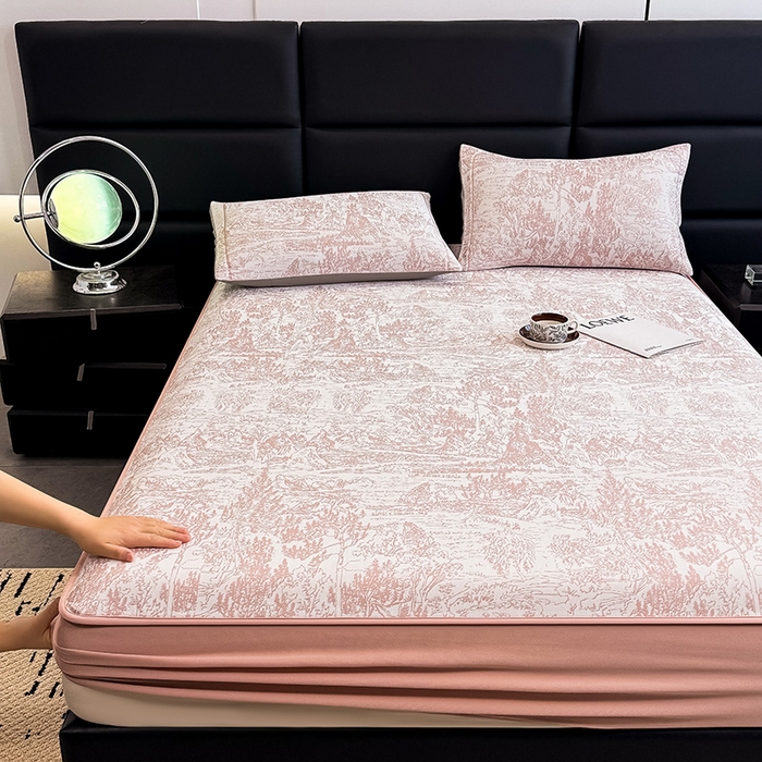 91家纺网 家纺一手货源 找家纺 全季家居 2025新款5A乙纶全PE花卉轻奢提花凉感软凉席席子 莫奈-淡粉 床笠