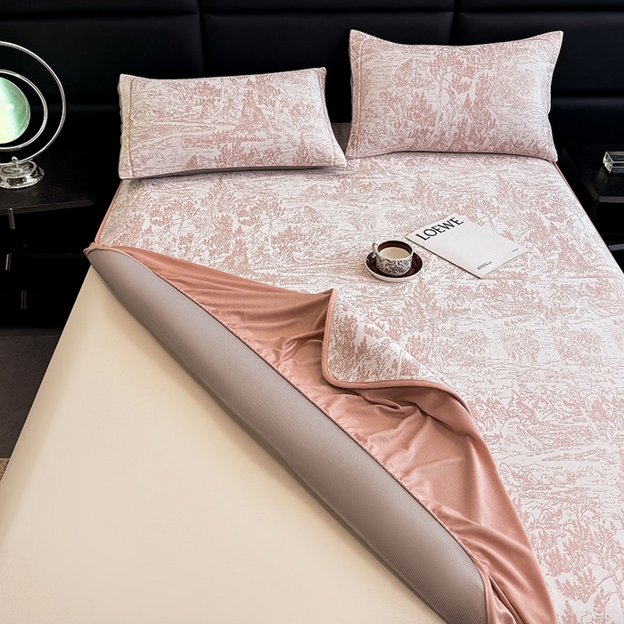 91家纺网 家纺一手货源 找家纺 全季家居 2025新款5A乙纶全PE花卉轻奢提花凉感软凉席席子 莫奈-淡粉 床笠