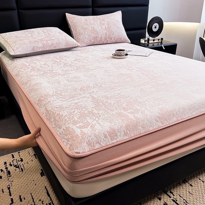 91家纺网 家纺一手货源 找家纺 全季家居 2025新款5A乙纶全PE花卉轻奢提花凉感软凉席席子 莫奈-淡粉 床笠