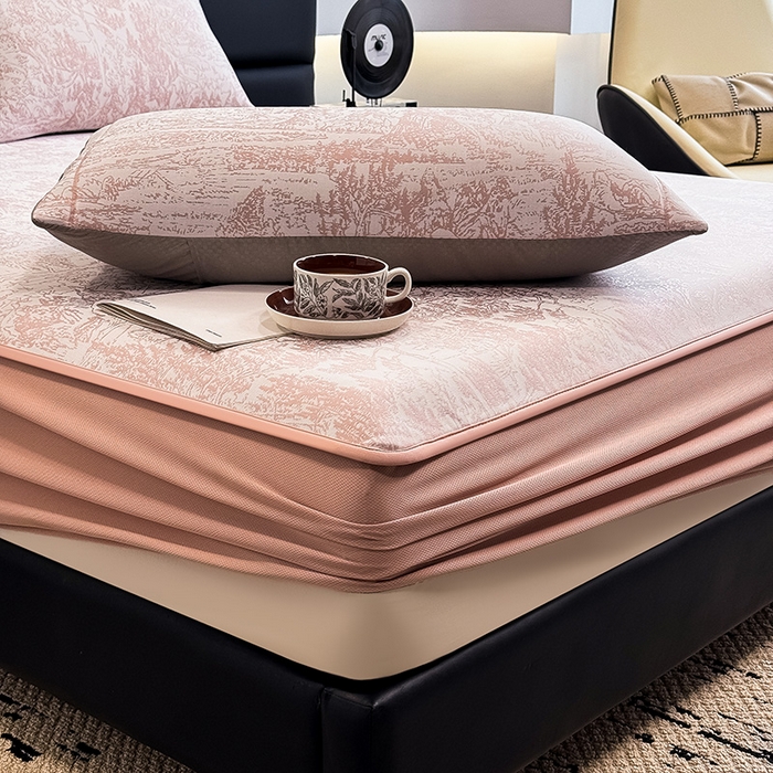 91家纺网 家纺一手货源 找家纺 全季家居 2025新款5A乙纶全PE花卉轻奢提花凉感软凉席席子 莫奈-淡粉 床笠