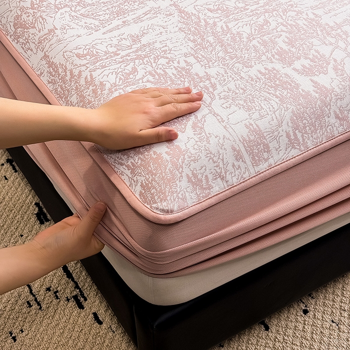 91家纺网 家纺一手货源 找家纺 全季家居 2025新款5A乙纶全PE花卉轻奢提花凉感软凉席席子 莫奈-淡粉 床笠