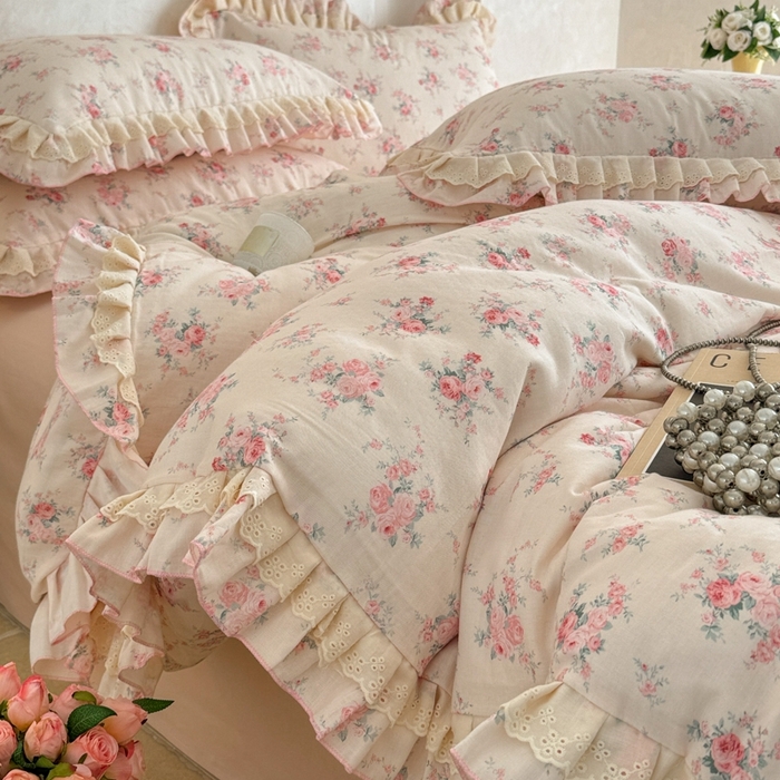 91家纺网 家纺一手货源 找家纺 简宜家居（朝初家纺） 2025新款40s全棉纯棉双层纱撞色蕾丝花边四件套 牡丹底白