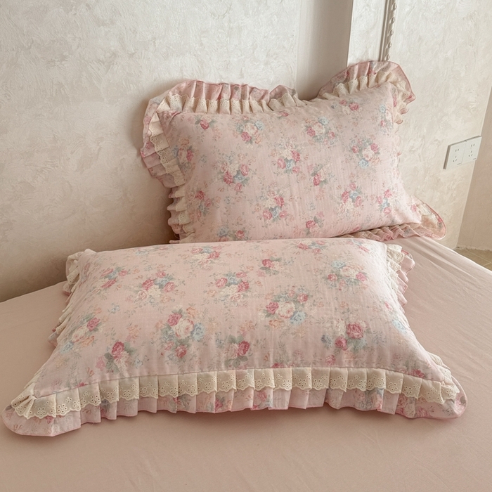 91家纺网 家纺一手货源 找家纺 简宜家居（朝初家纺） 2025新款40s全棉纯棉双层纱撞色蕾丝花边四件套 牡丹恋梦-粉