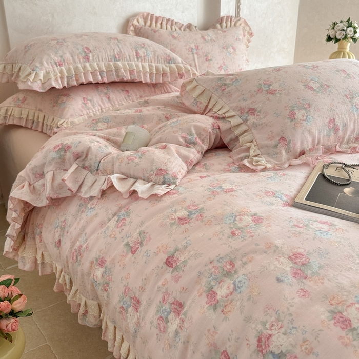 91家纺网 家纺一手货源 找家纺 简宜家居（朝初家纺） 2025新款40s全棉纯棉双层纱撞色蕾丝花边四件套 牡丹恋梦-粉