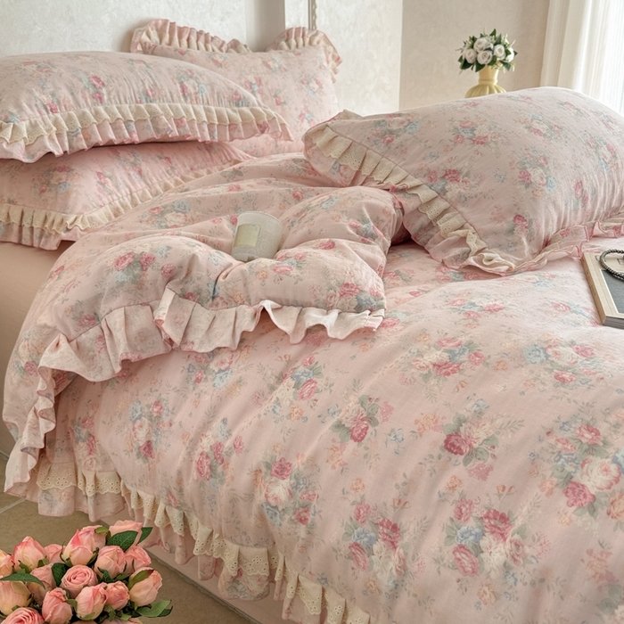 91家纺网 家纺一手货源 找家纺 简宜家居（朝初家纺） 2025新款40s全棉纯棉双层纱撞色蕾丝花边四件套 牡丹恋梦-粉