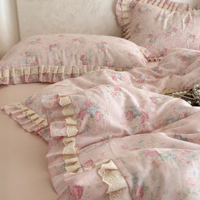 91家纺网 家纺一手货源 找家纺 简宜家居（朝初家纺） 2025新款40s全棉纯棉双层纱撞色蕾丝花边四件套 牡丹恋梦-粉