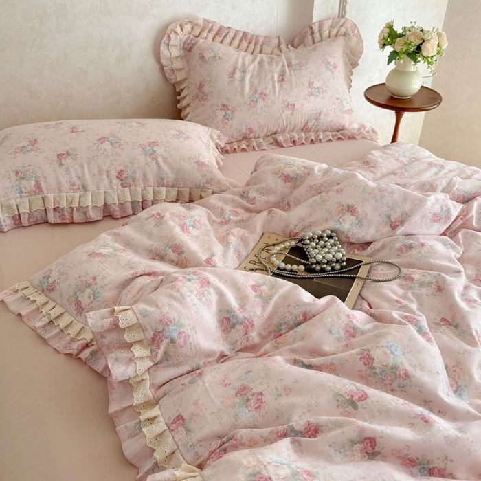 91家纺网 家纺一手货源 找家纺 简宜家居（朝初家纺） 2025新款40s全棉纯棉双层纱撞色蕾丝花边四件套 牡丹恋梦-粉