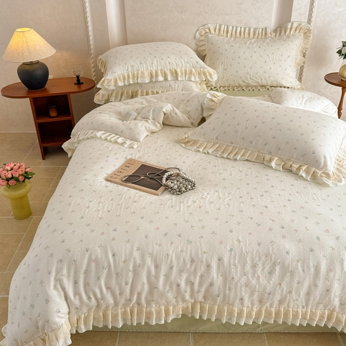 91家纺网 家纺一手货源 找家纺 简宜家居（朝初家纺） 2025新款40s全棉纯棉双层纱撞色蕾丝花边四件套 七彩花韵