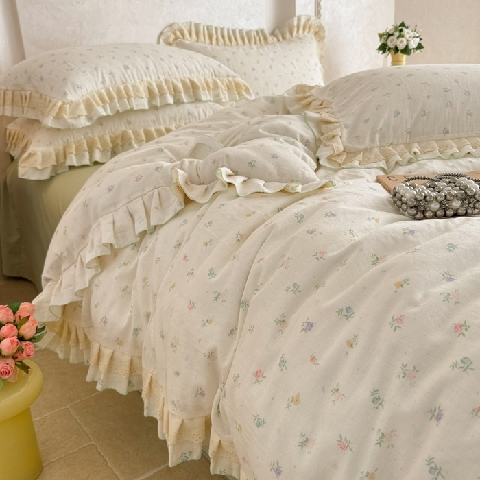 91家纺网 家纺一手货源 找家纺 简宜家居（朝初家纺） 2025新款40s全棉纯棉双层纱撞色蕾丝花边四件套 七彩花韵