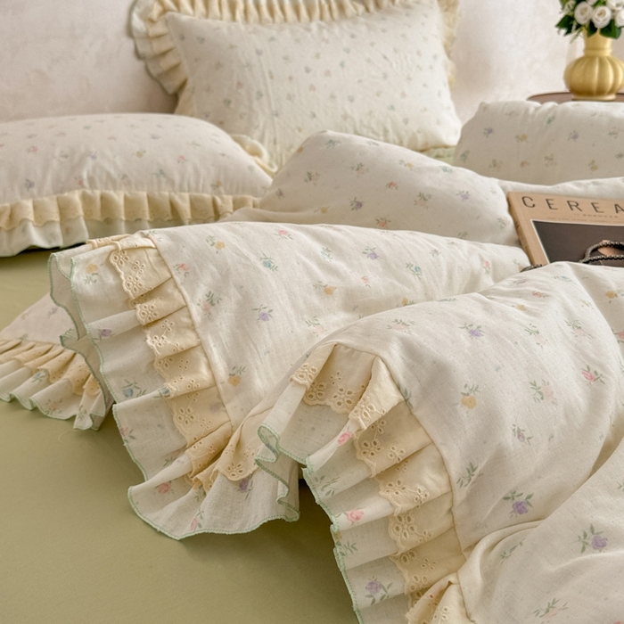 91家纺网 家纺一手货源 找家纺 简宜家居（朝初家纺） 2025新款40s全棉纯棉双层纱撞色蕾丝花边四件套 七彩花韵